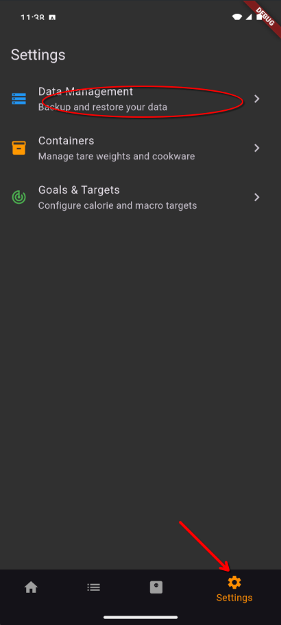 Data Management screen location
