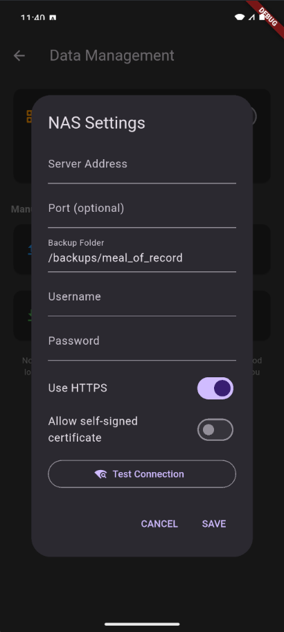 WebDAV setup screen with server address configuration