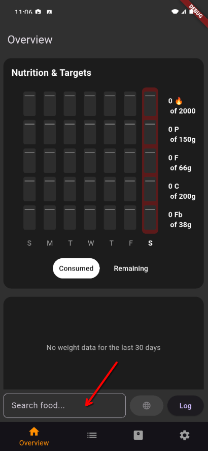 Search bar at bottom of Overview screen