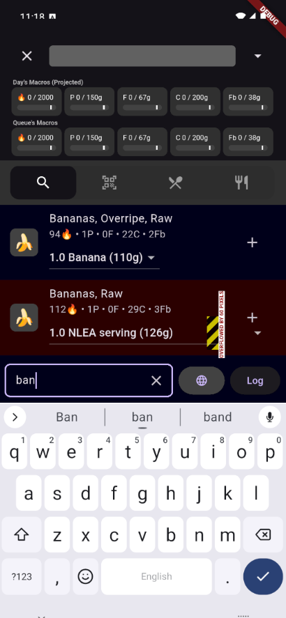 Search results with text input and food suggestions