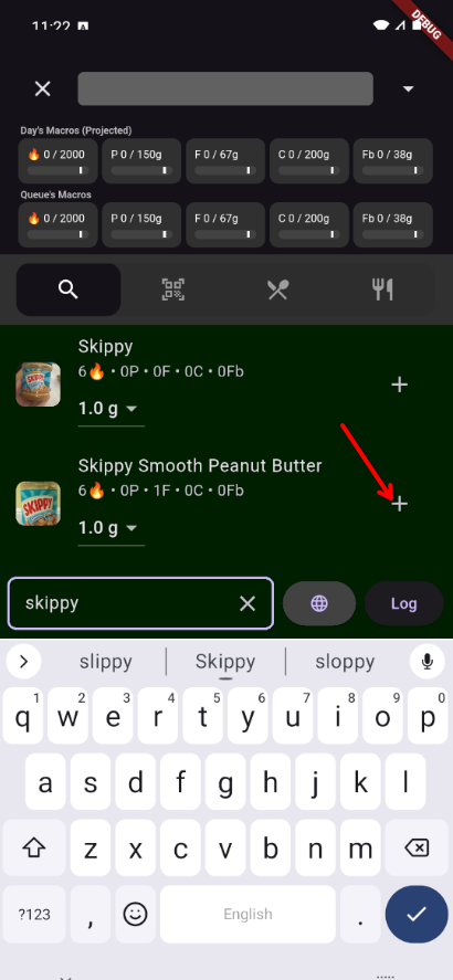 Plus button on food item to add to queue