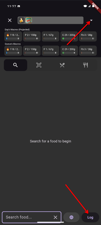 Down arrow revealing queue with Log button