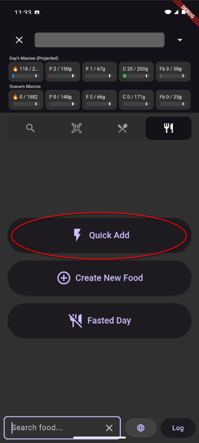 Quick Add screen with calorie and macro input fields