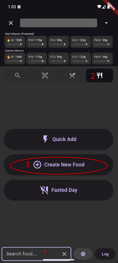 Create Food button on Search screen