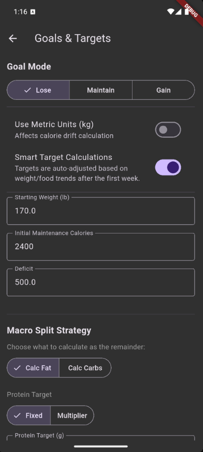 Goals settings screen with starting maintenance, weight, and mode