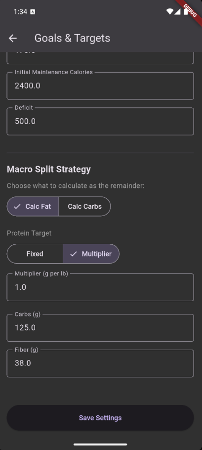 Macro configuration with protein, fat, and carb settings