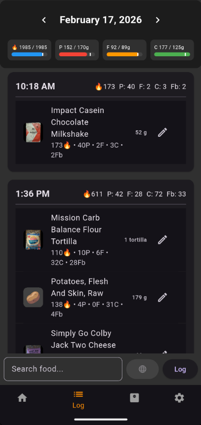 Daily entries grouped by meal with food details