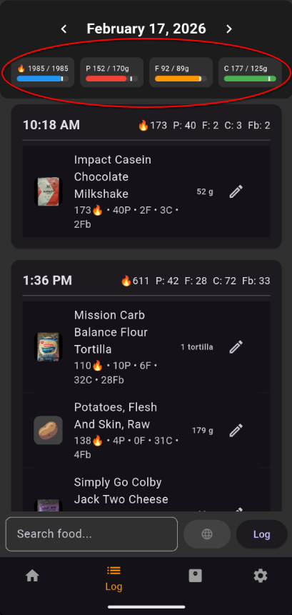 Daily macro bars showing totals versus targets