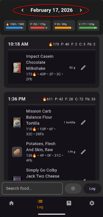 Date navigation controls at top of Log screen