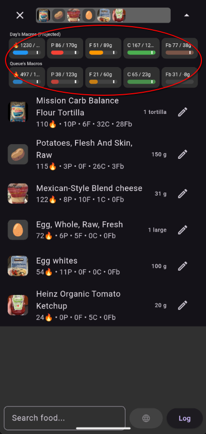 Macro ribbon showing combined totals for all queue items