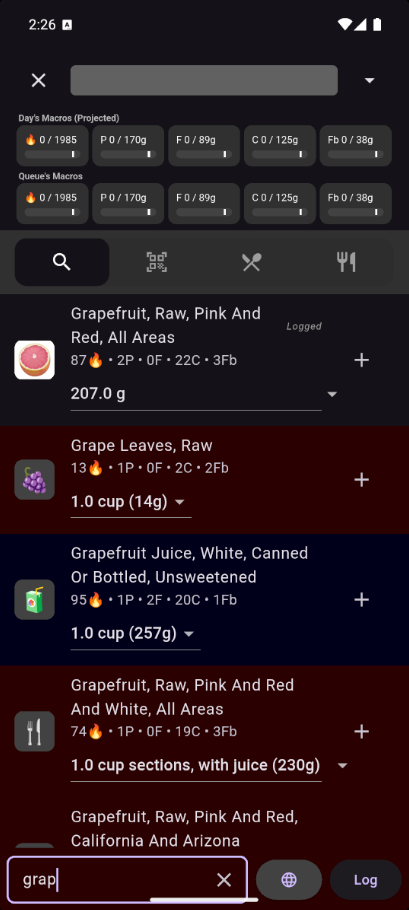 Search results with gray, blue, and red color coding