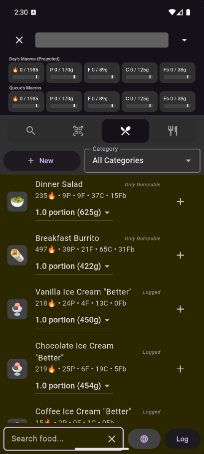 Recipe tab showing saved recipes list