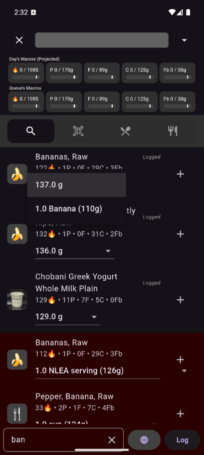 Dropdown menu next to plus button showing serving size options