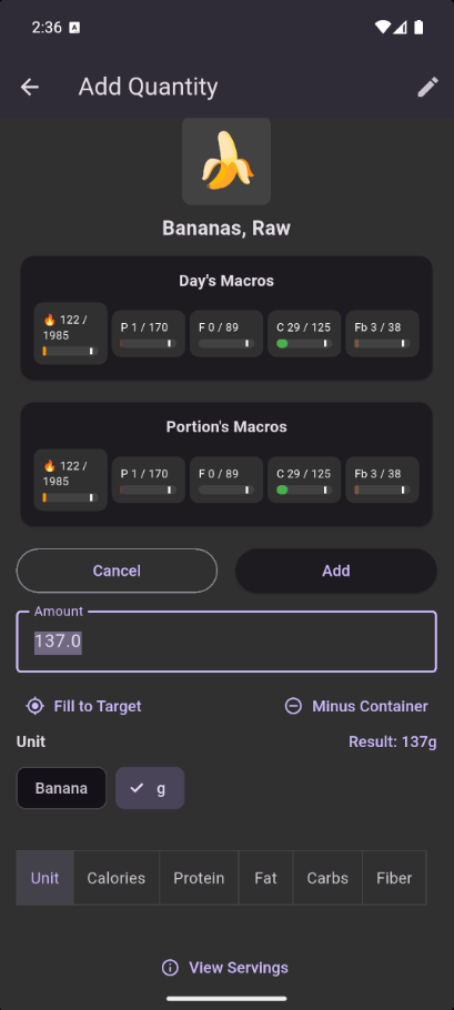 Quantity Edit screen with weight and serving options