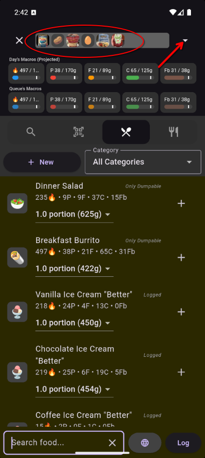 Image preview bar at top of search screen
