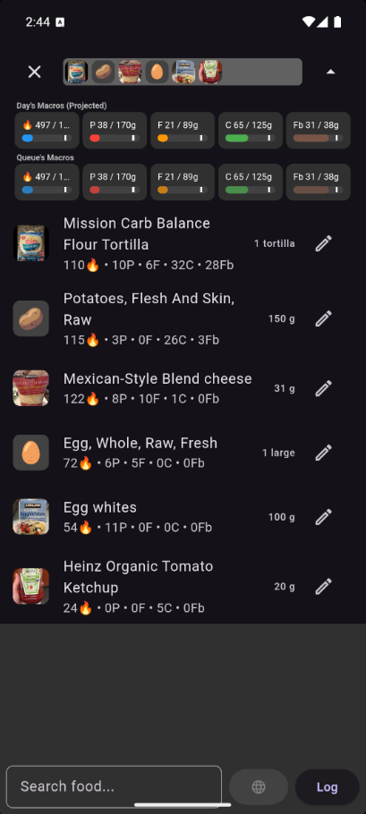 Full Log Queue view with items and macro totals