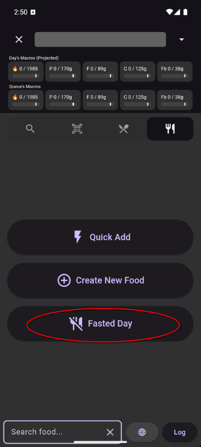 Fasted day button on Food tab of Search screen