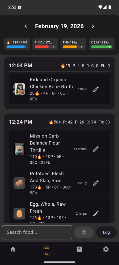 Log screen showing daily entries organized by meal