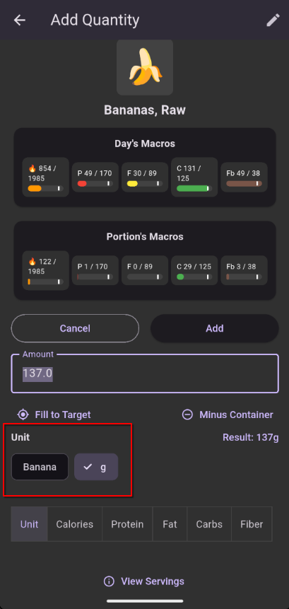 Unit selector dropdown showing available serving sizes