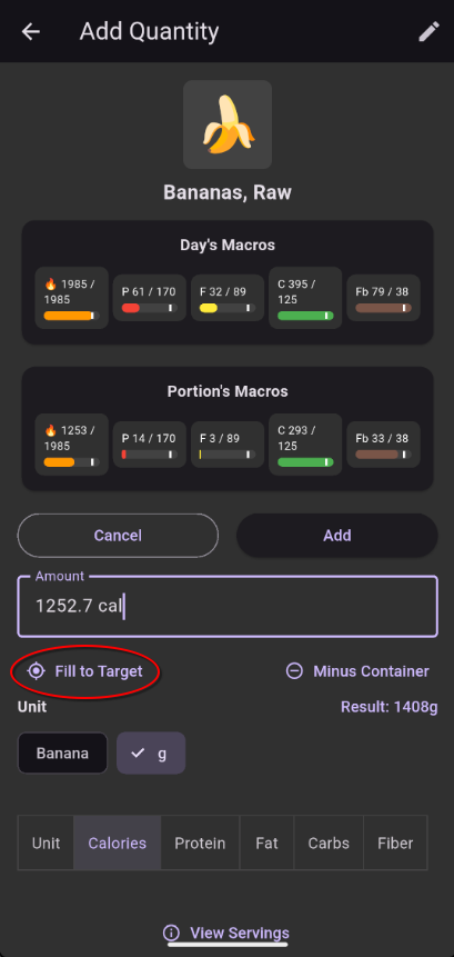 Macro target mode showing calories, protein, fat, carbs, fiber options