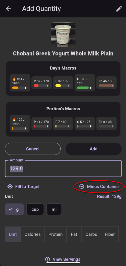 Minus Container with saved container selection