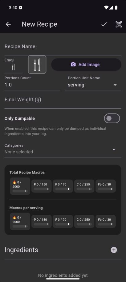 Recipe Edit screen with ingredients, portions, and type toggle