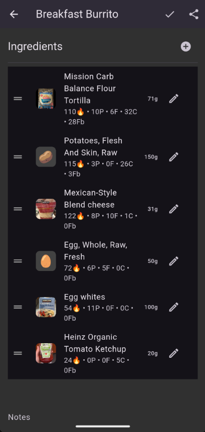 Ingredients list showing foods and quantities