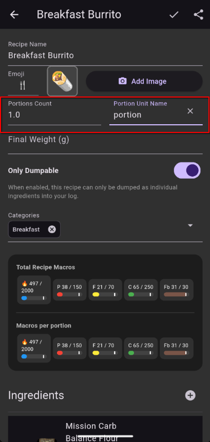 Portions field showing number of servings