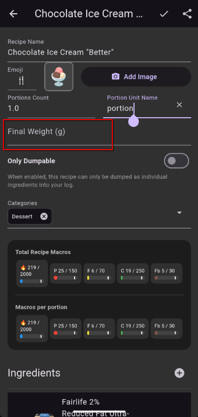 Total weight field for finished batch