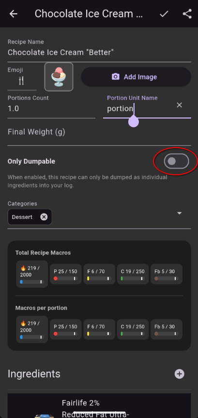 Regular/Dump toggle to switch recipe type