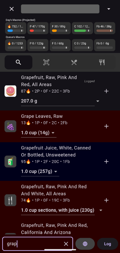 Text search results with gray, blue, and red color coding