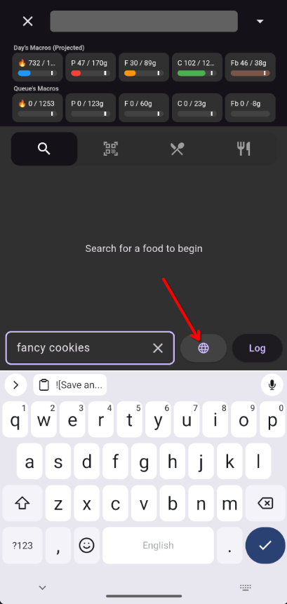 Globe icon to access Open Food Facts search