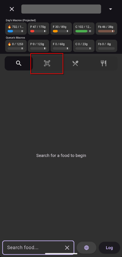 Barcode tab with camera scanner view