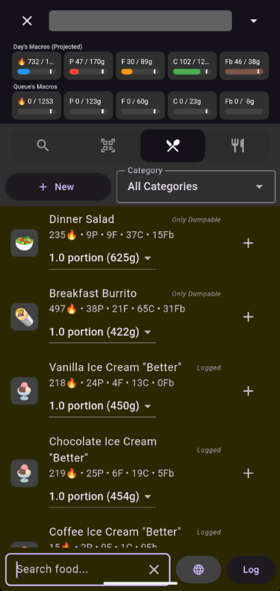 Recipe tab showing saved recipes and templates