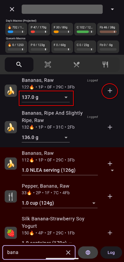 Search result showing plus button and serving size dropdown