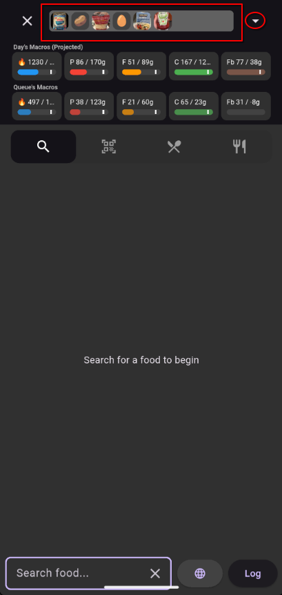 Log Queue preview bar with food images and down arrow