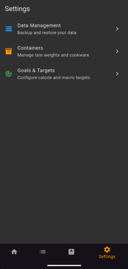 Settings screen with sections overview