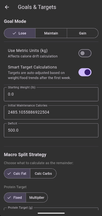 Goals configuration section with calorie and macro settings