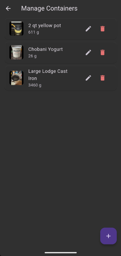 Containers management with name and tare weight