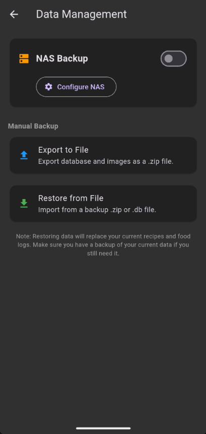Data management section with backup and restore options